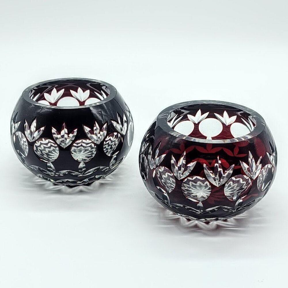 Vintage Godinger Ruby Red Cut to Clear Crystal Candle Holders (2)